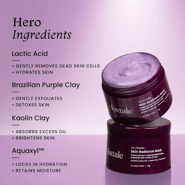 Foxtale De-tan Face Pack, Clay Mask with Lactic Acid, Brazilian Purple Clay for Brightening, Cleans Pores, Removes Blackheads, Men & Women, All Skin Types, 75g