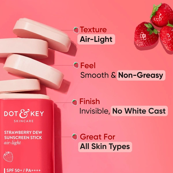 Dot & Key Strawberry Dew Spf 50 Sunscreen Stick On-The-Go Spf 50 Pa+++, Broad Spectrum, Uva/Uvb Rays Protection With Hyaluronic & Ceramide Normal Skin Type For Hydration & Skin Barrier, Mess Free, 20G