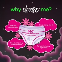 WHISPER BINDAZZZ NIGHTS PERIOD PANTY, 2 M-L PADS, 360 DEGREE LEAKAGE PROTECTION FOR HEAVY FLOW, UPTO 0% LEAKS, FULL BACK COVERAGE, PANTY LIKE FLEX FIT, SOFT & COMFORTABLE  - July'2025