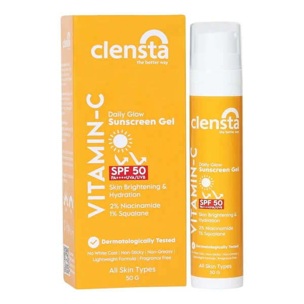 Clensta Daily Glow Sunscreen Gel SPF 50 PA++++ with Vitamin C, Niacinamide and Squalane, UVA/UVB Filters - No White Cast, Non-Greasy, Non-Sticky, Lightweight & Anti-Tan Formula With Fragrance Free | For Men & Women, 50 gm