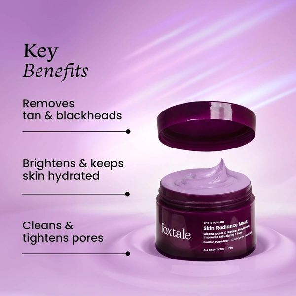 Foxtale De-tan Face Pack, Clay Mask with Lactic Acid, Brazilian Purple Clay for Brightening, Cleans Pores, Removes Blackheads, Men & Women, All Skin Types, 75g