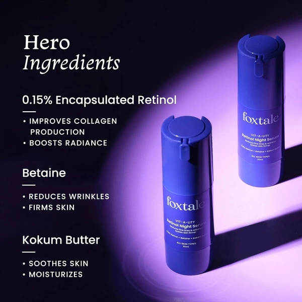 Foxtale 0.15% Beginner Friendly Retinol Night Serum | Anti-Aging Night Cream | Reduces Fine Lines and Wrinkles | No Purging | For Younger-looking Skin | Men & Women | All Skin Types - 30 ml