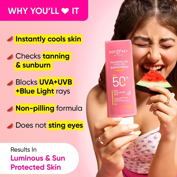 Dot & Key Watermelon Hyaluronic Cooling Sunscreen SPF 50 PA+++| for Oily, Normal & Combination Skin | UV + Blue Light Protection | Lightweight | No White Cast | Boosts Vitamin D Absorption | 50g