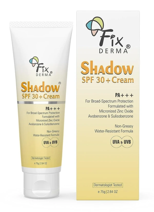 FIXDERMA Shadow Sunscreen Spf 30+ Cream For Dry Skin, Body & Face, Broad Spectrum For Uva & Uvb Protection For Unisex, Non Greasy & Water Resistant, 75g