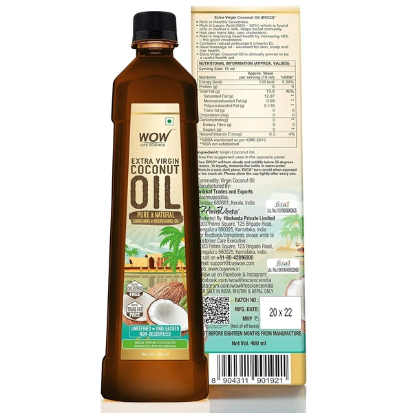 WOW Life Science Extra Virgin Coconut Oil ( Cold Pressed ) - Pure & Natural Enriching & Nourishing Oil Bottle, 400 ml