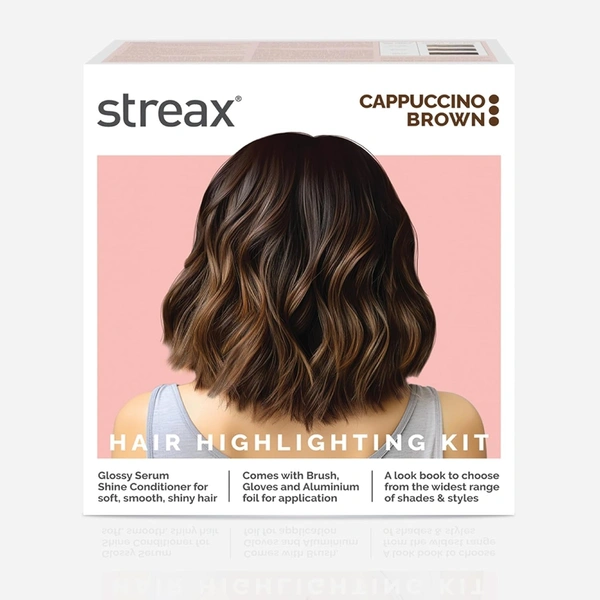 STREAX Streax Hair Colour Highlight Kit | Brown Hair Colour, Cappuccino Brown - Pack of 1 I Enriched with Walnut & Argan Oil I Hair Colour for Women | Rich, vibrant, Easy to use, DIY Application