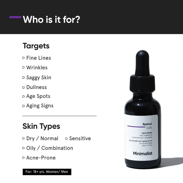 Minimalist Retinol 0.6% Mid-Strength Anti Aging Face Serum For Unisex, Reduces Fine Lines & Wrinkles, Medium Strength Retinol Formula