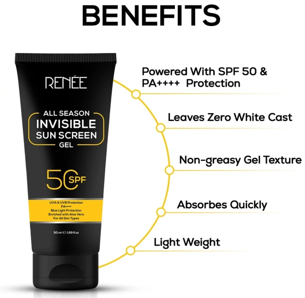 RENEE All Season Invisible Sunscreen Gel 50ml - Aug'2025