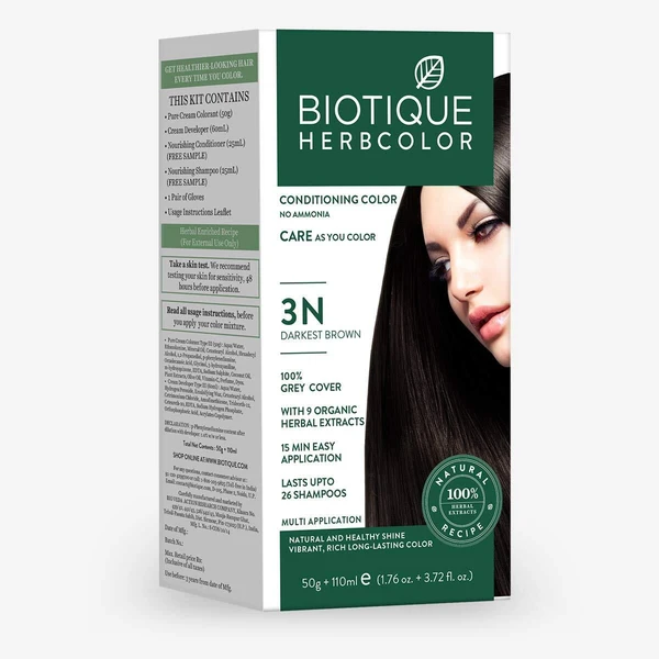 Biotique Herbcolor Conditioning Hair Colour l Ammonia Free Hair Color l 9 Organic Herbal Extracts l Natural and Healthy Shine l 50g + 110ml| Darkest Brown 3N