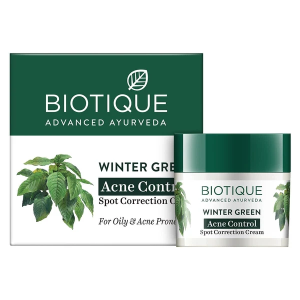 Biotique Winter Green Spot Correcting Anti Acne Cream, Acne Control | Spot Correction Clears Blemishes  ,15g