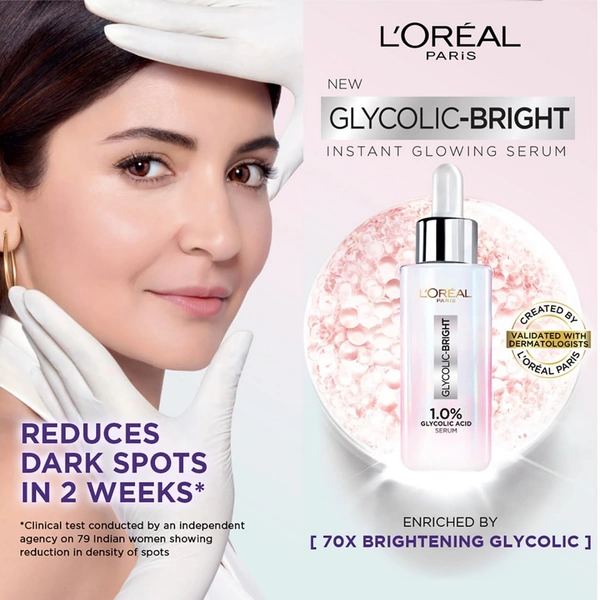 L'Oreal Paris Instant Glowing Serum, 1% Glycolic Acid, 2% Niacinamide Serum, Visibly Minimizes Spots, Reveals Even Skin Tone, Glycolic Bright Skin - 15ml