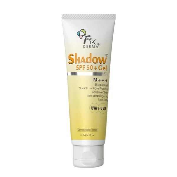 FIXDERMA Shadow Sunscreen Spf 50+ Gel For Oily Skin, Body & Face, Broad Spectrum For Uva & Uvb Protection For Unisex, Non Greasy & Water Resistant, 75g