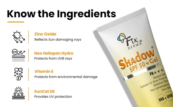 FIXDERMA Shadow Sunscreen Spf 50+ Gel For Oily Skin, Body & Face, Broad Spectrum For Uva & Uvb Protection For Unisex, Non Greasy & Water Resistant, 75g