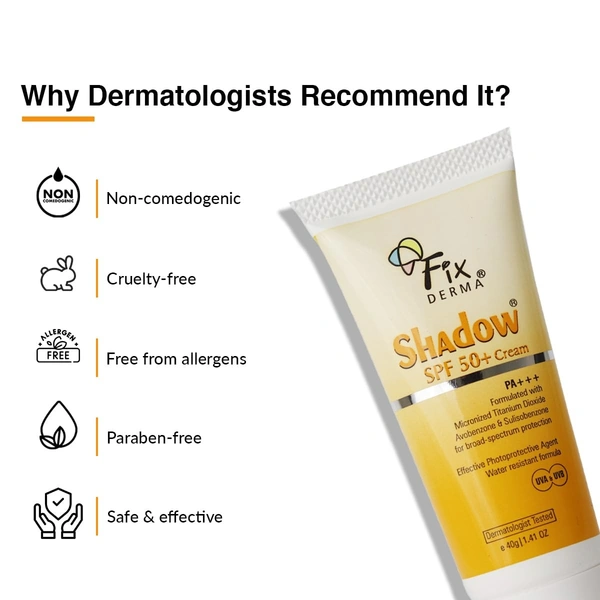Fixderma Shadow Sunscreen SPF 50+ Cream | Sunscreen for Dry Skin | Sunscreen for UVA & UVB Protection | Non Greasy & Water Resistant - 75g