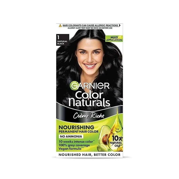 GARNIER Garnier, Hair Colouring Creme, Long-lasting Colour, Smoothness & Shine, Color Naturals, Shade: 1 Natural Black, 70ml + 60g