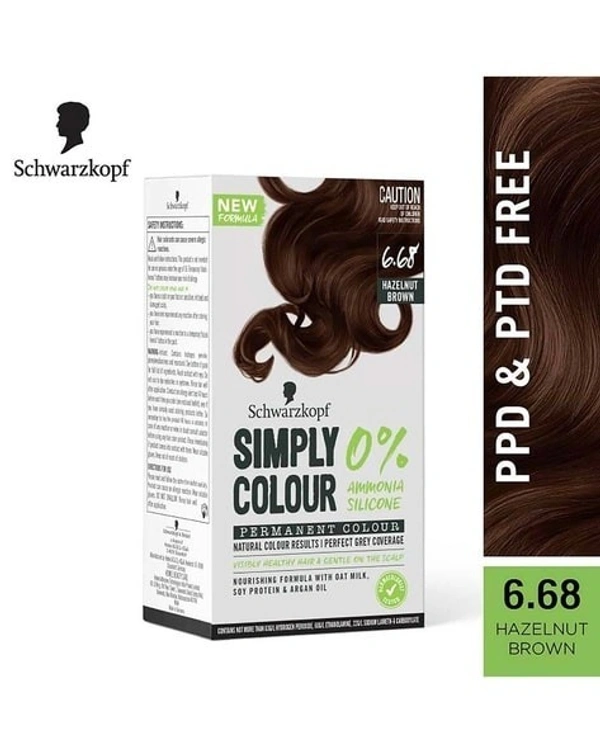 Schwarzkopf Simply Color Permanent Hair Colour, 0% Ammonia & Silicone for Natural Color Results, Dermatologist Tested hair colour with PPD & PTD Free formulation, 142.5ml - 6.68 Hazelnut Brown