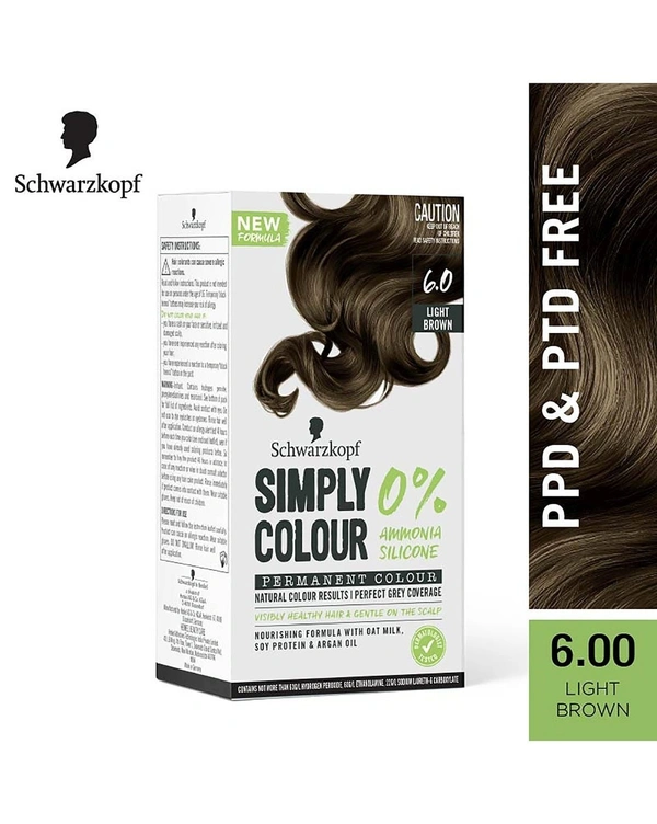 Schwarzkopf Simply Color Permanent Hair Colour, 0% Ammonia & Silicone for Natural Color Results, Dermatologist Tested hair colour with PPD & PTD Free formulation, 142.5ml - 6.00 Light Brown