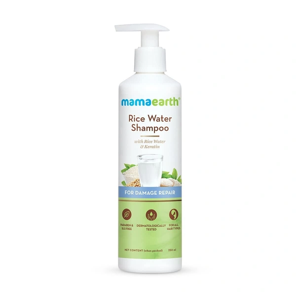 MAMAEARTH Mamaearth Rice Water Shampoo with Rice Water & Keratin For Damage Repair - 250 ml Reduces Split Ends | Prevents Breakage