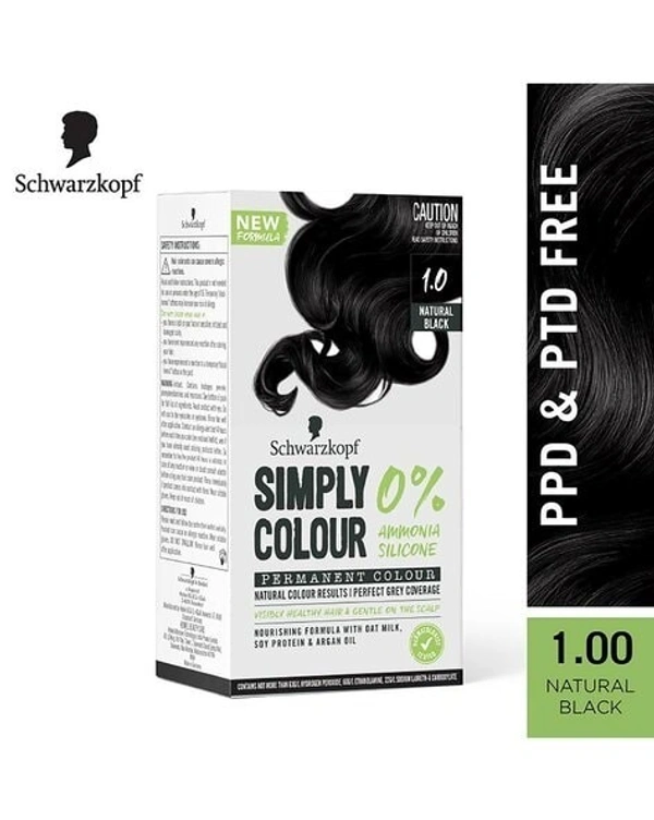 Schwarzkopf Simply Color Permanent Hair Colour, 0% Ammonia & Silicone for Natural Color Results, Dermatologist Tested hair colour with PPD & PTD Free formulation, 142.5ml - 1.00 Natural Black