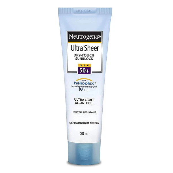 NEUTROGENA Neutrogena Ultra Sheer Sunscreen SPF 50+ | Broad Spectrum UVA/UVB PA++++ | No White Cast | Water resistant, Ultra light & Non sticky | For Oily, Dry & Sensitive Skin | For Men & Women | 30g