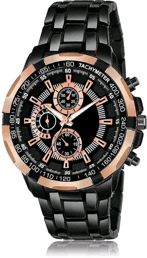 Title: Men's Luxury Chronograph Sports Watch with Black Stainless Steel Band - Black