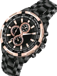 Title: Men's Luxury Chronograph Sports Watch with Black Stainless Steel Band - Black