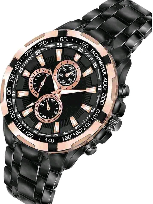 Title: Men's Luxury Chronograph Sports Watch with Black Stainless Steel Band - Black