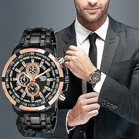Title: Men's Luxury Chronograph Sports Watch with Black Stainless Steel Band - Black