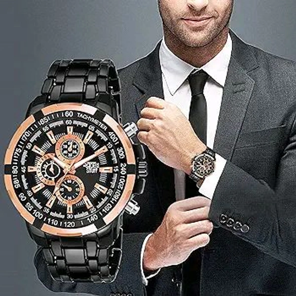 Title: Men's Luxury Chronograph Sports Watch with Black Stainless Steel Band - Black