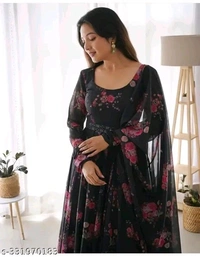 Black georgette gown with a floral print - XS