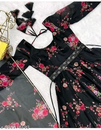 Black georgette gown with a floral print - XS