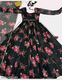 Black georgette gown with a floral print - XS