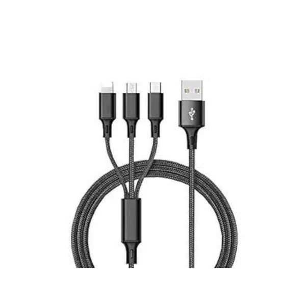 3.1 Amp 3 in 1 Nylon Braided Fast Charging Multi Charger Cable for Micro USB, Type C and iPhone iOS Devices Connector (1 M, Black) - Black