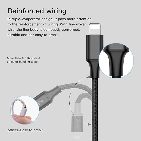 3.1 Amp 3 in 1 Nylon Braided Fast Charging Multi Charger Cable for Micro USB, Type C and iPhone iOS Devices Connector (1 M, Black) - Black