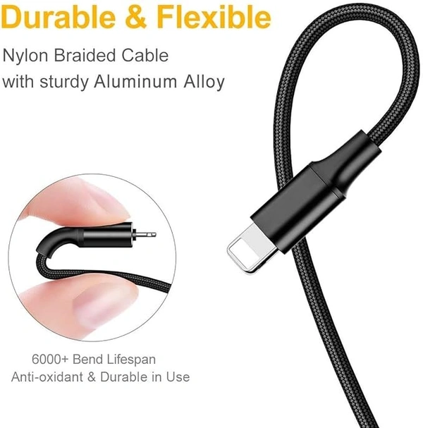 3.1 Amp 3 in 1 Nylon Braided Fast Charging Multi Charger Cable for Micro USB, Type C and iPhone iOS Devices Connector (1 M, Black) - Black