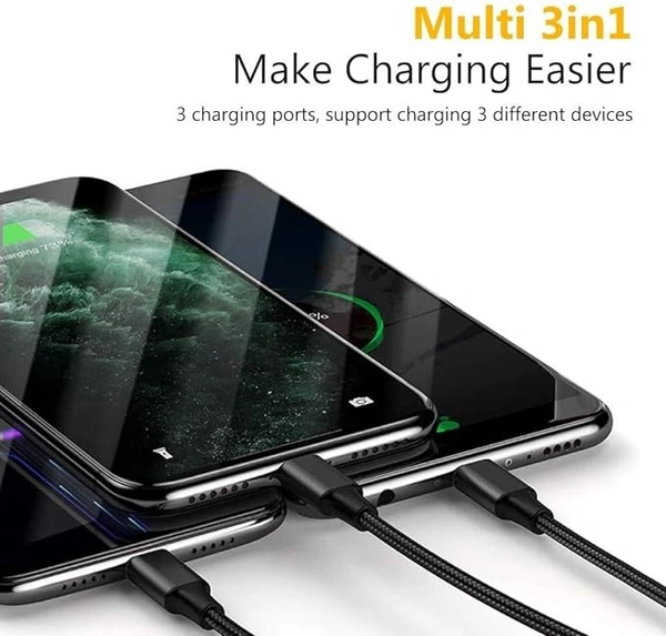 3.1 Amp 3 in 1 Nylon Braided Fast Charging Multi Charger Cable for Micro USB, Type C and iPhone iOS Devices Connector (1 M, Black) - Black