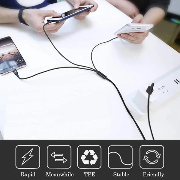 3.1 Amp 3 in 1 Nylon Braided Fast Charging Multi Charger Cable for Micro USB, Type C and iPhone iOS Devices Connector (1 M, Black) - Black
