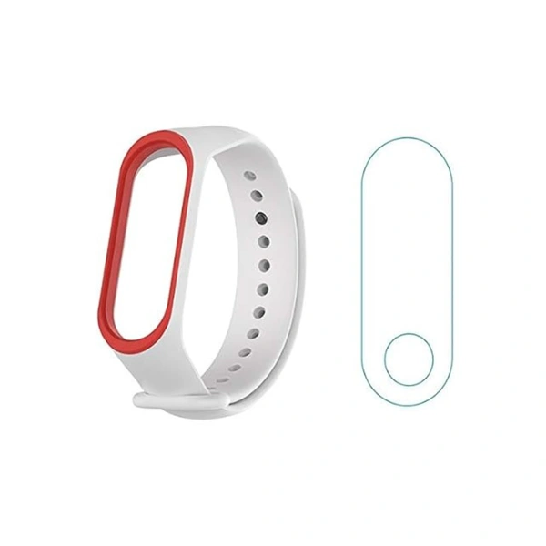 Dual Color Replacement Strap Compatible with Mi band 3 Watch Belt Strap with Screen Guard Protector Accessories Combo Pack(White Red) - White Red