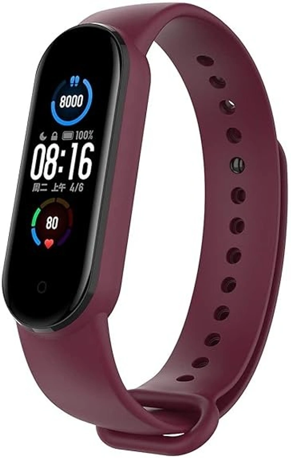 Silicone Replacement Band Strap Compatible with Mi Band 5 and Mi band 6 Smart Watch Red Wine Color Strap - Red Wine