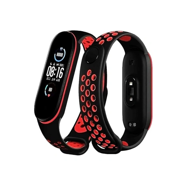 Silicone Adjustable Stylish Band Strap Compatible with Mi Band 5 Strap and Mi Band 6 Strap Band Replacement- Black Red - Black Red