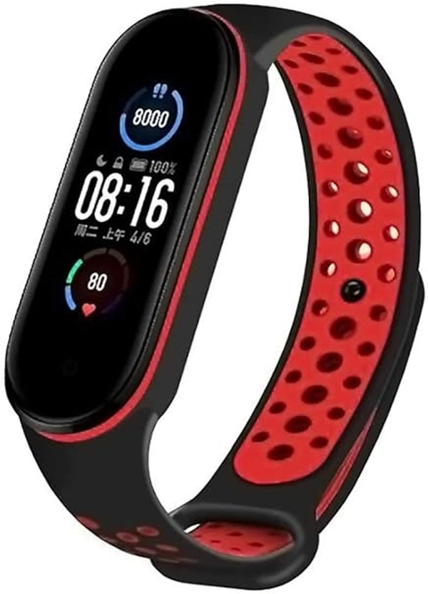 Silicone Adjustable Stylish Band Strap Compatible with Mi Band 5 Strap and Mi Band 6 Strap Band Replacement- Black Red - Black Red