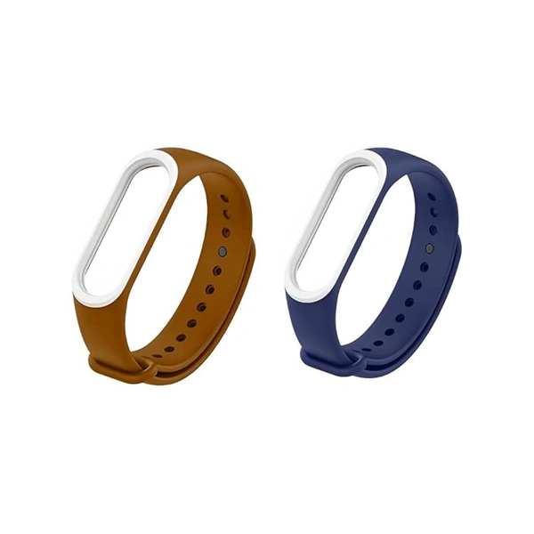 Silicone Dual Color Wristband Compatible with M3 for Mi Band 3 and Mi Band 4 Combo Bracelet Accessories (Brown White & Navy Blue White) - Brown White & Navy Blue White