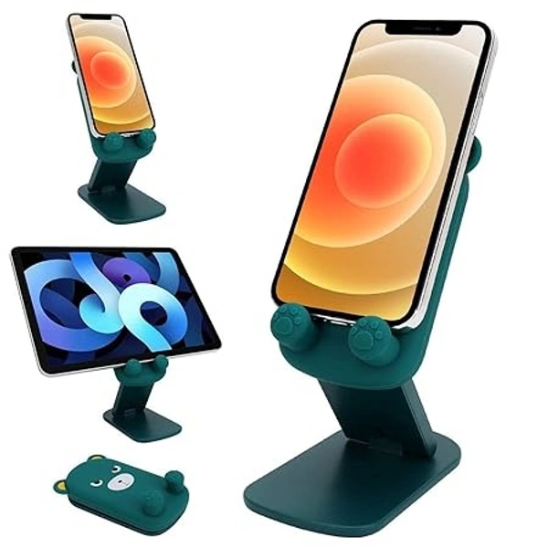 Universal Cartoon Mobile Tabletop Phone Stand with Multi-Angle Adjustable Phone Desk Tablet Stand for Watching Videos, Movies Online Classes- Green Bear - Green