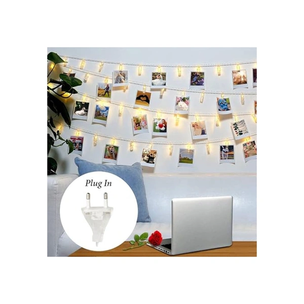 16 Photo Clips LED String Light for Hanging Photos Birthday, Festival, Wedding, Party for Home, Patio, Lawn, Restaurants Home DecorationCards and Artwork Warm White (2 Pin Plug) - Yellow