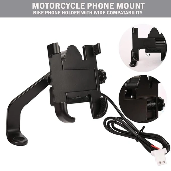  Universal Handlebar Bike Mount Holder Verson 2.0 with USB Charger Metal Body 360 Degree Rotating Mirror Cradle Stand for Bicycle, Motorcycle, Scooty Fits All Smartphones (Silver) - Silver