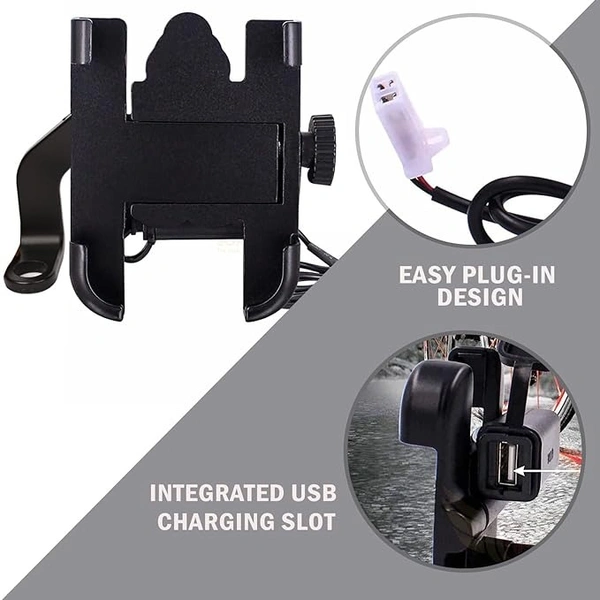  Universal Handlebar Bike Mount Holder Verson 2.0 with USB Charger Metal Body 360 Degree Rotating Mirror Cradle Stand for Bicycle, Motorcycle, Scooty Fits All Smartphones (Silver) - Silver