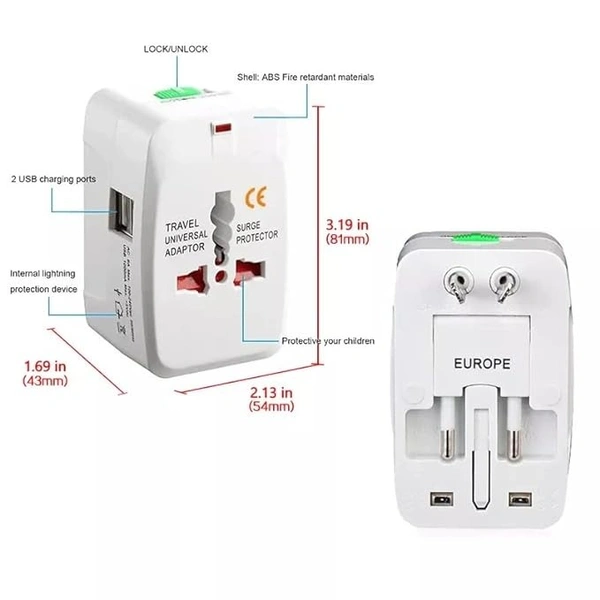 Worldwide Universal Travel Adapter with Build in Dual USB Charger Ports with 125V 6A, 250V Protected Electrical Plug for Laptops, Cameras (White) - White