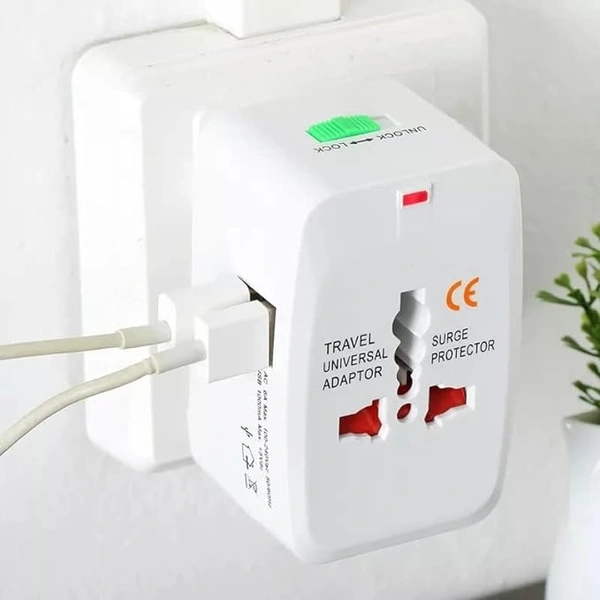 Worldwide Universal Travel Adapter with Build in Dual USB Charger Ports with 125V 6A, 250V Protected Electrical Plug for Laptops, Cameras (White) - White