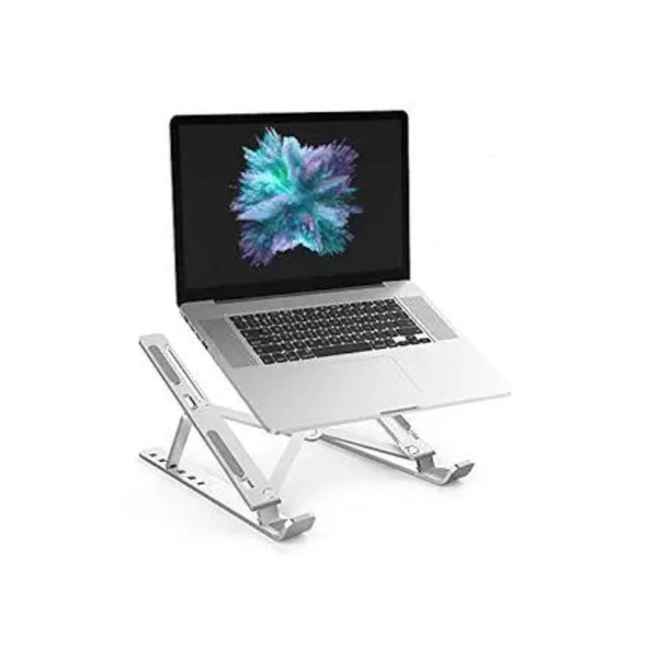Adjustable Aluminium Laptop Stand | Ergonomic Foldable Portable Desktop Holder | Aluminium Ventilated Cooling Notebook Stand Mount with Heat-Vent - Silver