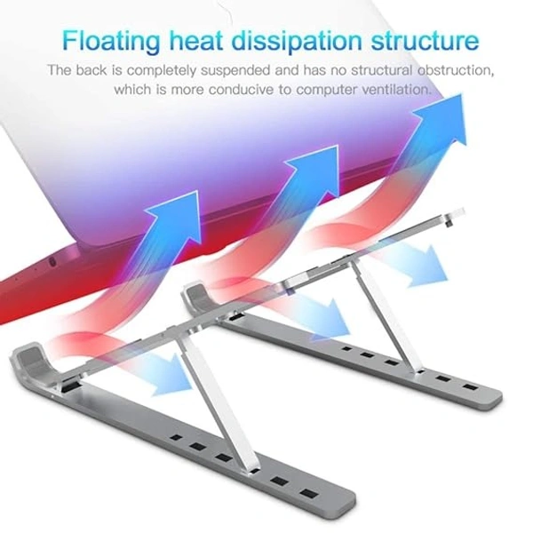 Adjustable Aluminium Laptop Stand | Ergonomic Foldable Portable Desktop Holder | Aluminium Ventilated Cooling Notebook Stand Mount with Heat-Vent - Silver